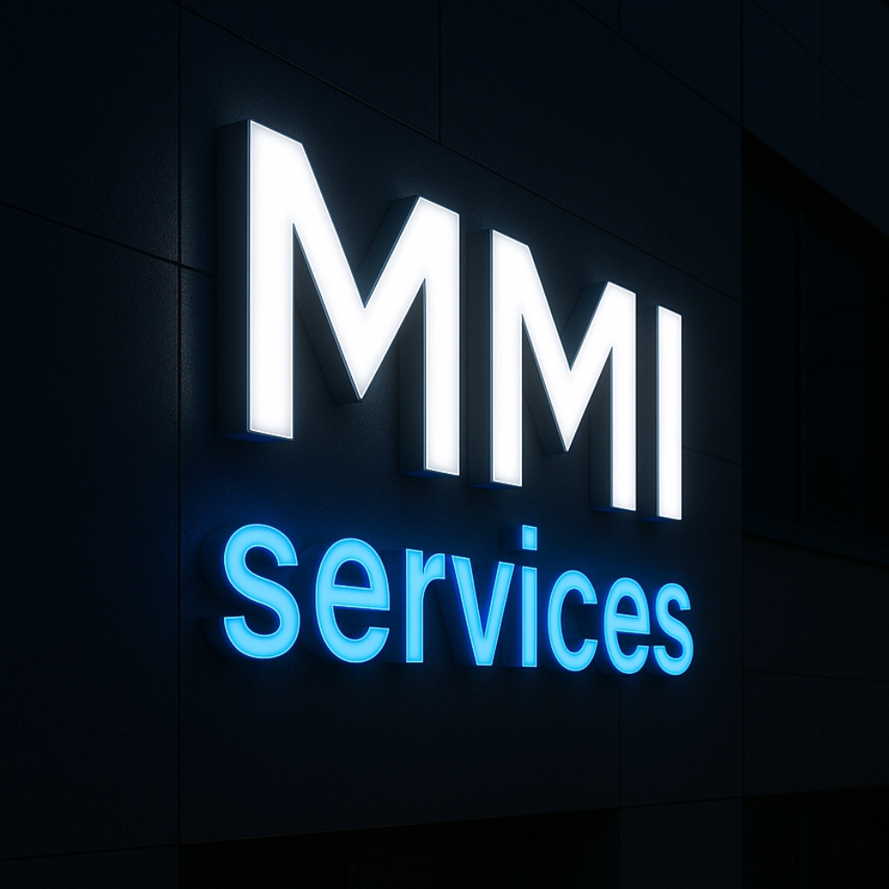 MMI Services illuminated sign on building